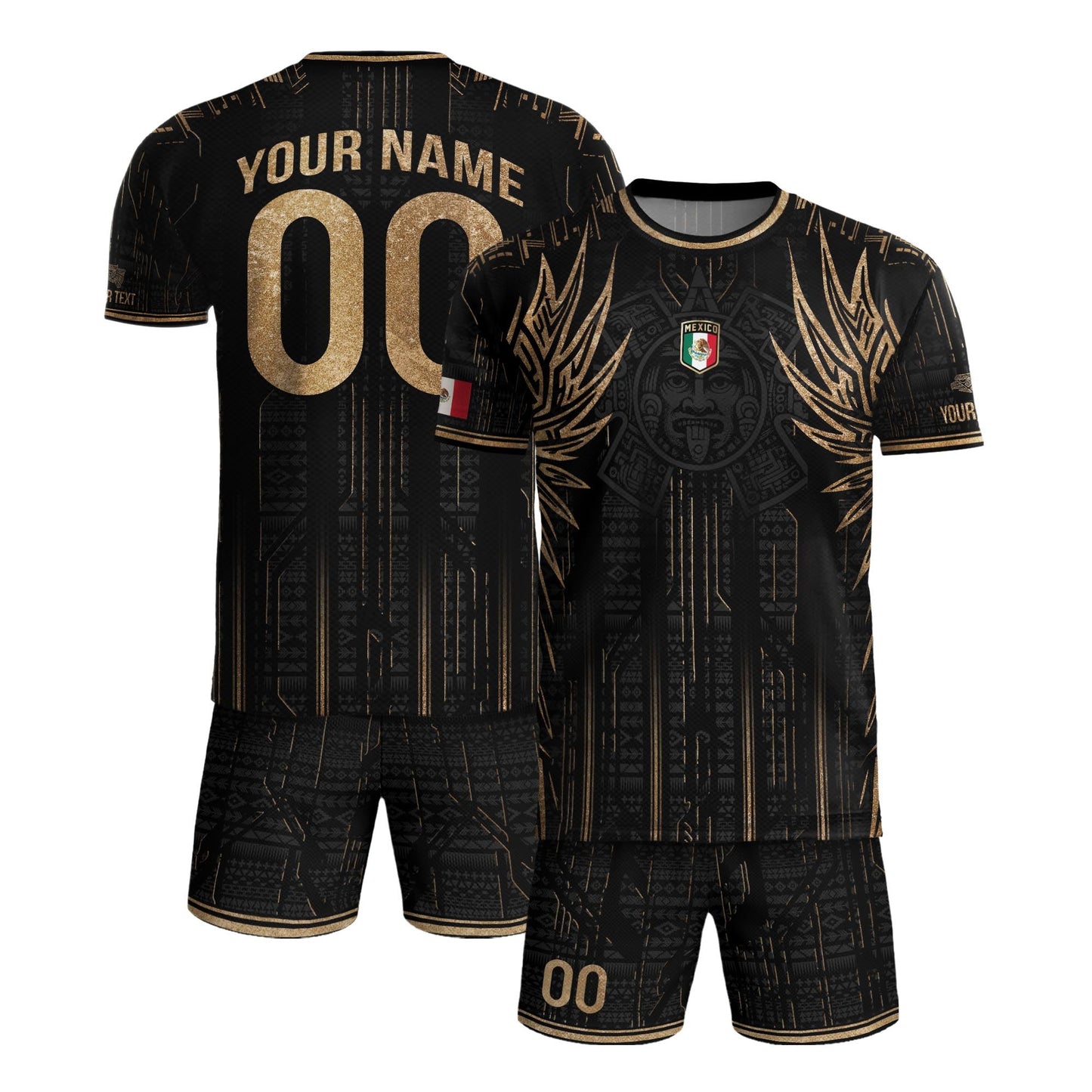 Custom Mexico Black Gold Aztec Warrior Wings Heritage Soccer Jersey