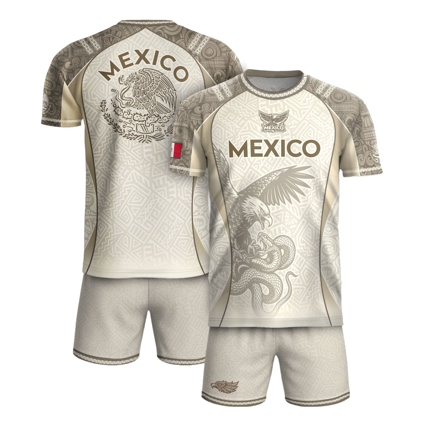 Mexico Beige Aztec Eagle Snake Heritage Soccer Jersey Mexican Pride Design
