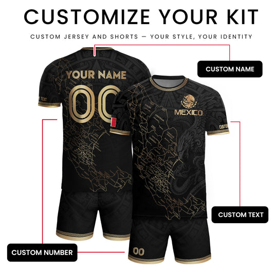 Mexico Soccer Jersey Custom Name - Black & Gold Mexico Map Heritage Football Shirt