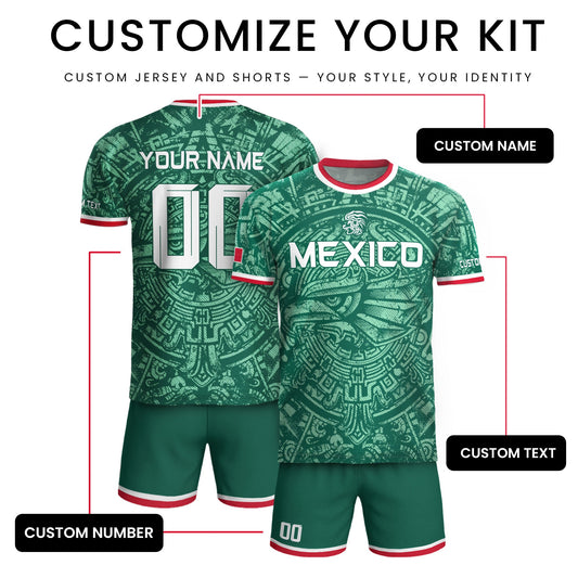 Mexico Soccer Jersey Custom Name - Green Aztec Calendar & Eagle Heritage Football Shirt