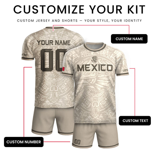 Custom Mexico Soccer Jersey Beige Aztec Calendar & Quetzalcoatl Heritage Fan Shirt
