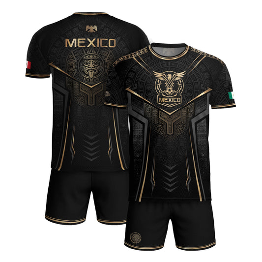 Mexico Soccer Jersey - Black & Gold Aztec Sun Stone Tribal Football Shirt
