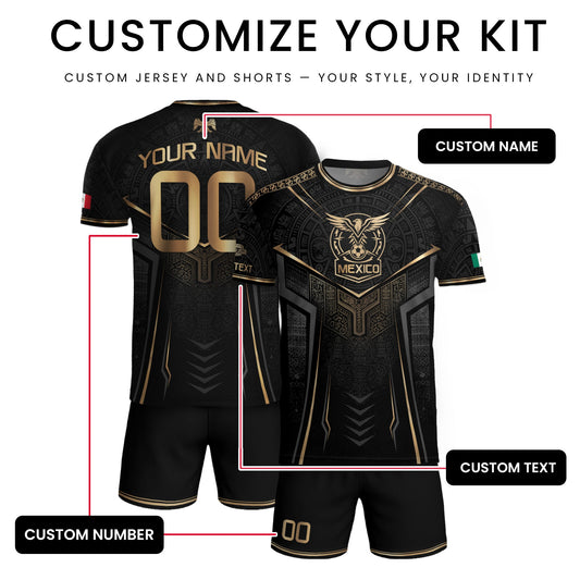 Black Mexico Custom Soccer Jersey Team Apparel Aztec Sun Warrior Football Top