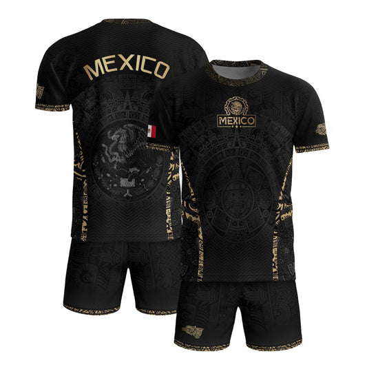 Mexico Soccer Jersey Aztec Sun Calendar Black Gold Football Shirt for Fans
