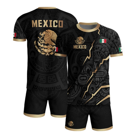 Black Mexico Soccer Jersey Aztec Calendar Design Gold Eagle Heritage Football Shirt