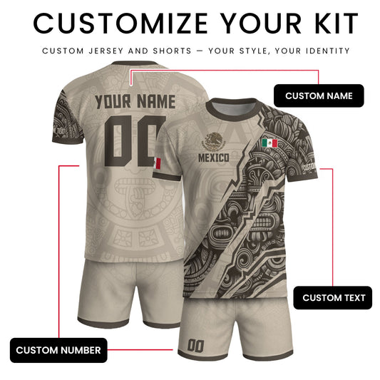 Custom Beige Mexico Soccer Jersey Aztec Eagle Heritage Gold Trim Mexican Football Shirt