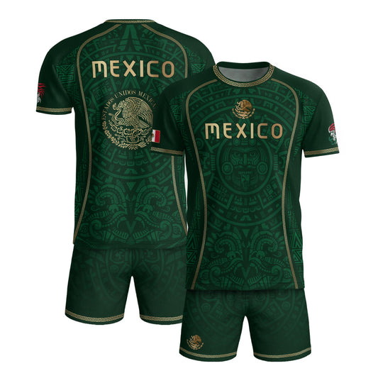 Green Mexico Soccer Jersey Aztec Sun Calendar Mexican Football Shirt for Fans