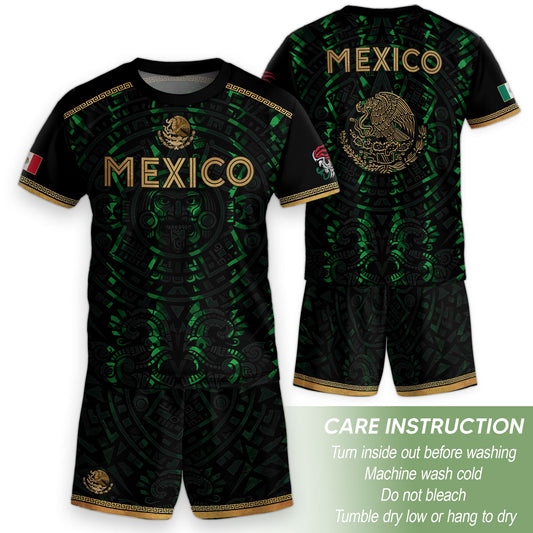 Mexico Kids Soccer Jersey Black Green Aztec Calendar Gold Youth Football Shirt