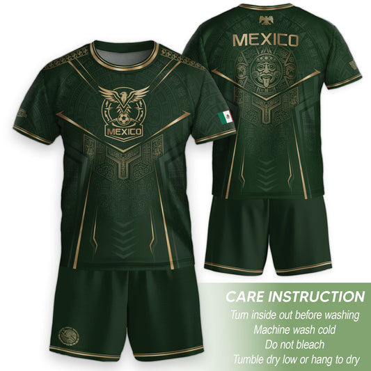 Mexico Soccer Jersey Youth Green Gold Eagle Shield Warrior Culture Print Football Shirt