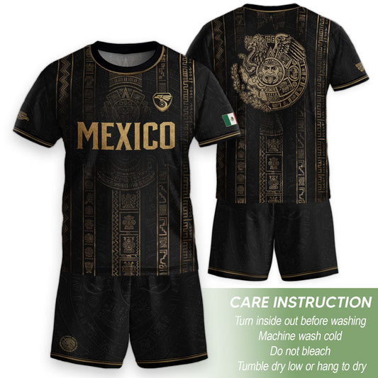 Mexico Soccer Jersey Youth Black Aztec Calendar Sun Stone Heritage Football Shirt Set