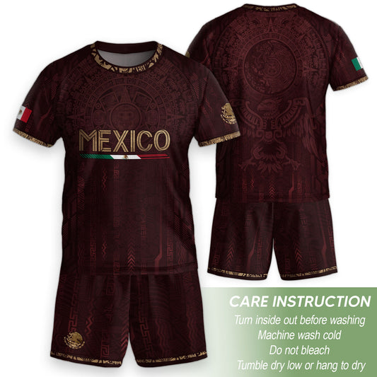 Mexico Soccer Jersey Kid Youth Aztec Calendar Maroon Football Shirt