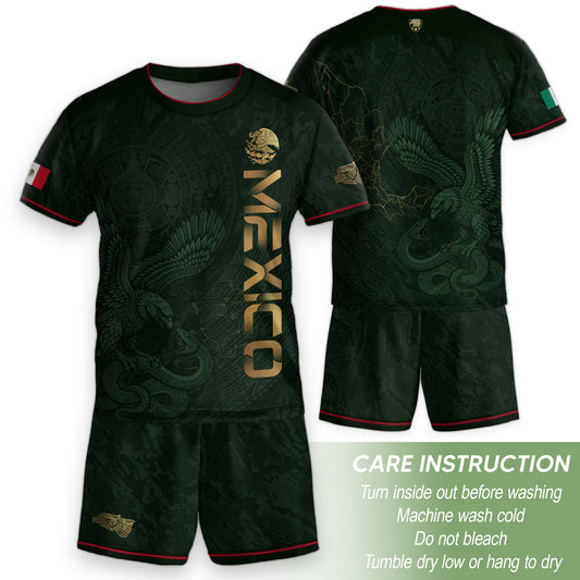 Mexico Kids Soccer Jersey Youth Green Gold Aztec Eagle Heritage Football Graphic Shirt