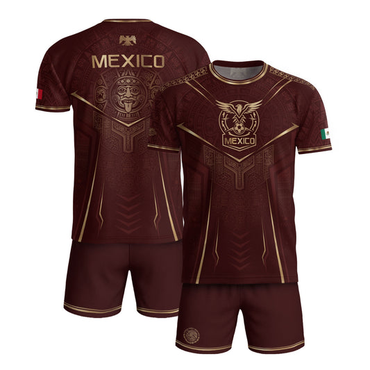 Mexico Soccer Jersey Men Maroon Aztec Pattern Football Shirt Classic Fan Wear