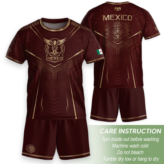 Retro Football Fan Apparel for Youth Mexico Soccer Jersey with Maroon Gold Eagle Design