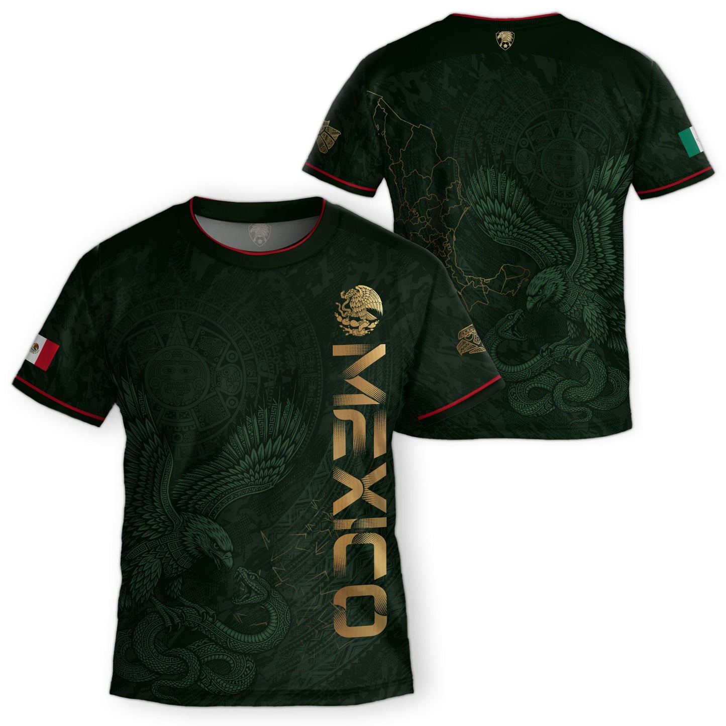Mexico Kids Soccer Jersey Youth Green Gold Aztec Eagle Heritage Football Graphic Shirt