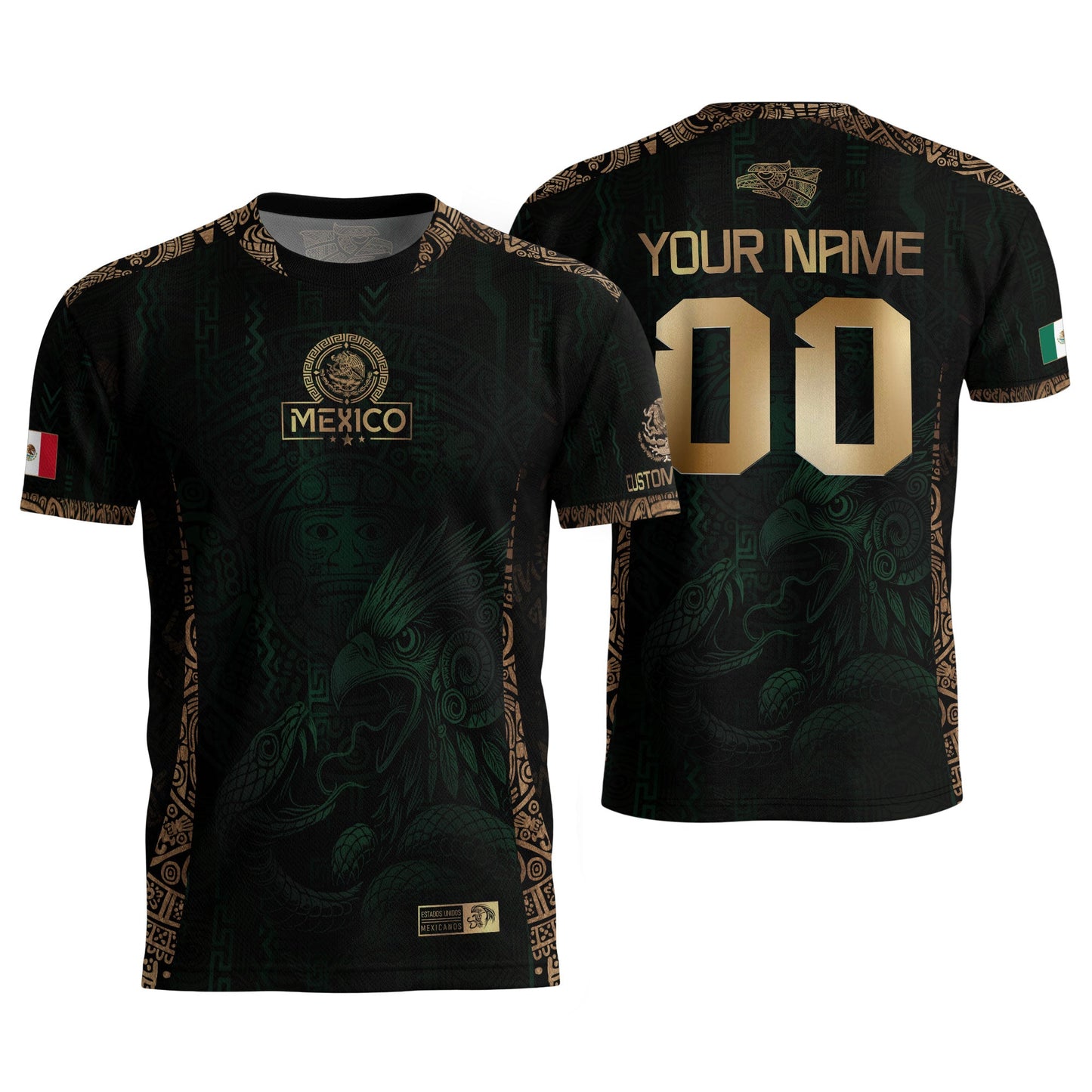 Custom Mexico Green Gold Soccer Jersey with Aztec Eagle Warrior Design