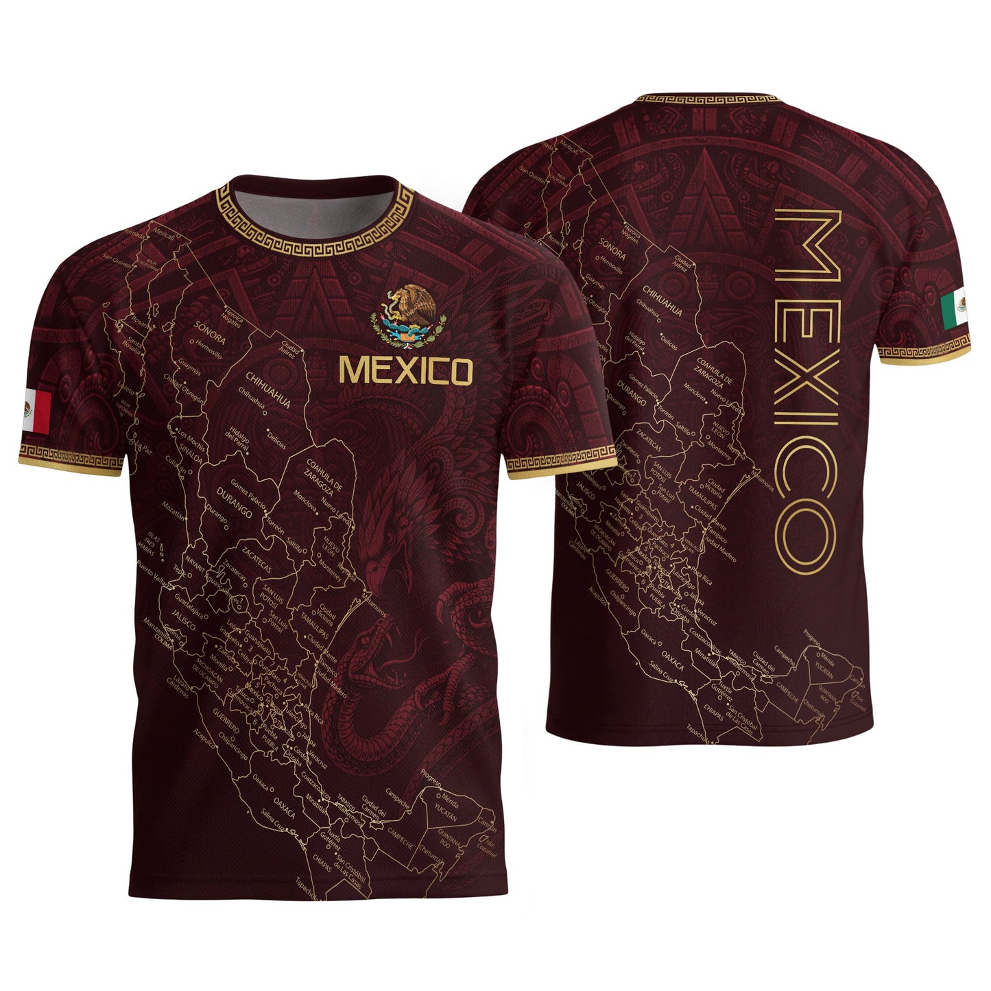 Men's Burgundy Mexico Map Eagle & Snake Graphic T-Shirt – Mexico Country Outline Print Tee