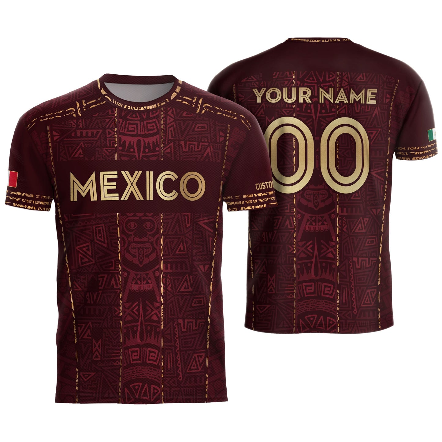 Mexico Soccer Jersey - Aztec Mayan Heritage Pattern - Personalized Maroon Football Shirt