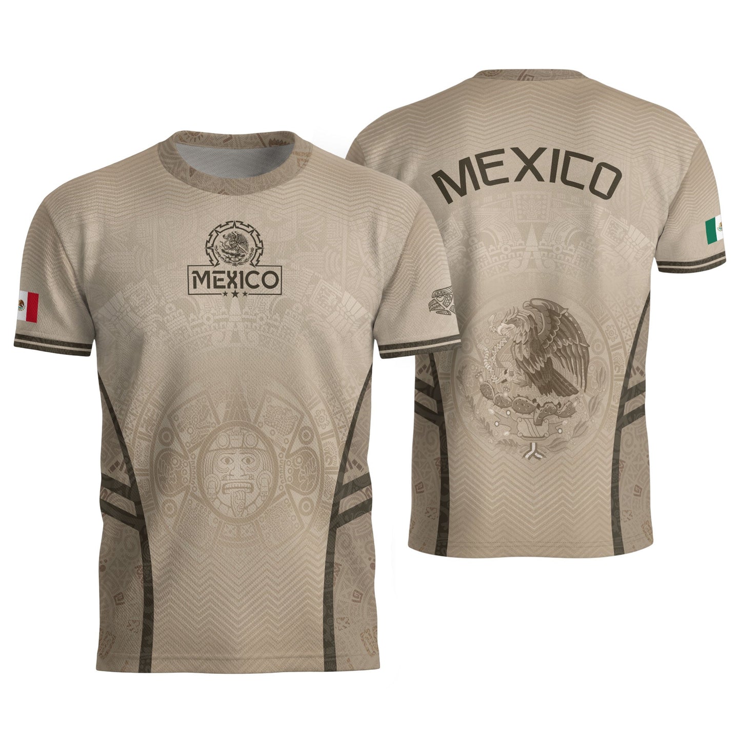 Mexico Soccer Jersey Aztec Eagle Sun Calendar Beige Tan Football Shirt for Fans