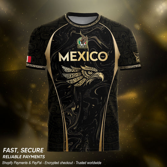 Mexico Coat of Arms Black Gold Aztec Eagle Warrior Heritage Soccer Jersey
