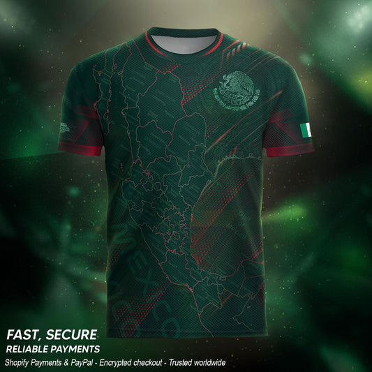 Mexico Heritage Orgullo Mexicano Green Red Detailed Country Map Aztec Soccer Jersey