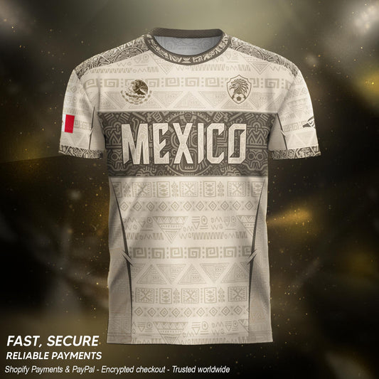 Mexico Coat of Arms Beige Aztec Mayan Tribal Geometric Pattern Heritage Soccer Jersey