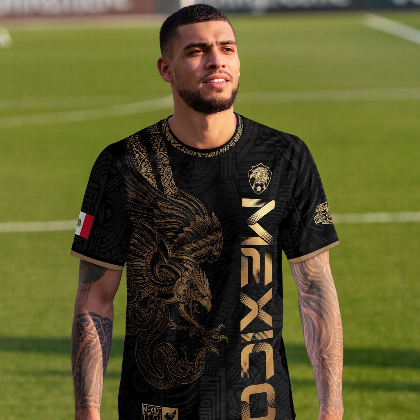 Mexico Aztec Heritage Soccer Jersey 3-Pack Bundle – Black Gold Eagle Warrior + Green Gold Heritage + Red Gold Eagle & Serpent
