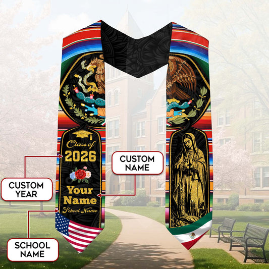 Class of 2026 Heritage Graduation Stole – Personalized USA & Mexico Sash with Golden Virgen & Eagle Crest