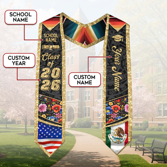 Custom Class of 2026 Graduation Stole – Personalized USA & Mexico Flag Senior Sash with Floral Gold Design