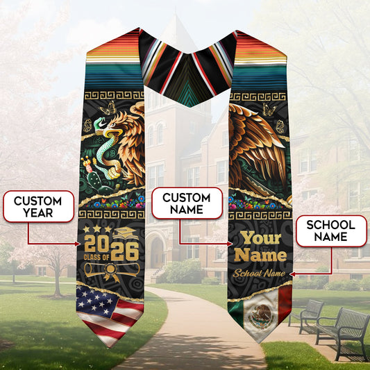Custom Aztec Eagle Class of 2026 Graduation Stole – USA & Mexico Flag Personalized Senior Sash