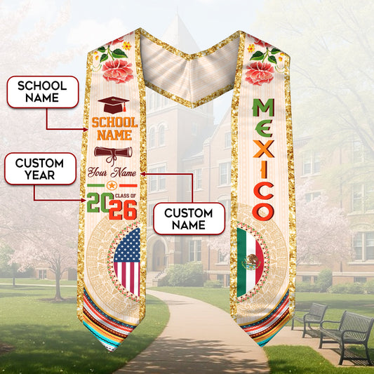 Mexican Graduation Stole Custom Name Mexico USA Flag Aztec Rose Class 2026