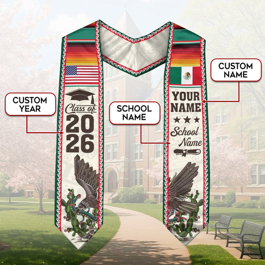 Custom Mexican Graduation Stole Mexico USA Flag Eagle Serape Class 2026
