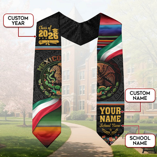 Mexican Graduation Stole Aztec Eagle Flag Serape Custom Mexico Sash 2026 Floral Crest
