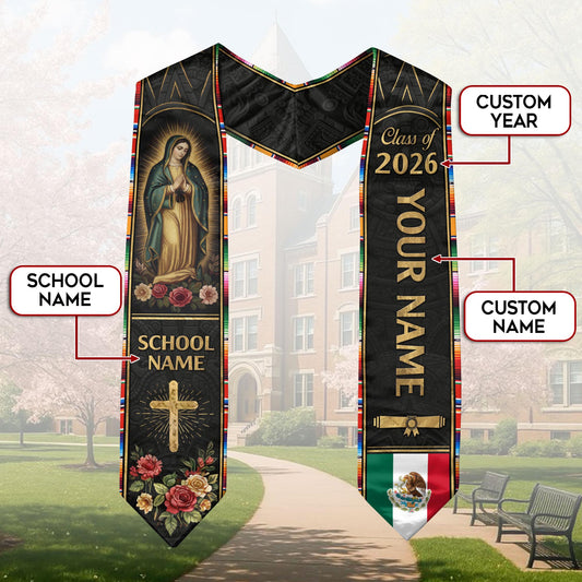 Mexican Graduation Stole Aztec Pattern Virgin Mary Cross Rose Flag Custom Sash 2026