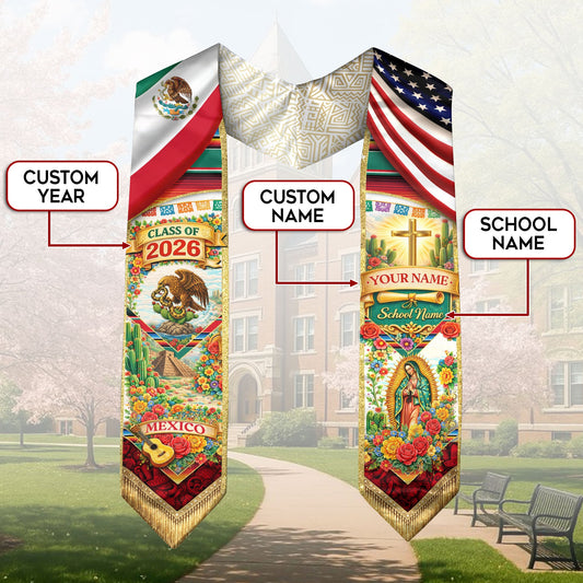 Custom Mexico Graduation Stole 2026 – Eagle Guadalupe USA Flag Serape Sash