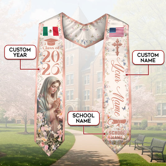 Custom Mexican American Graduation Stole 2026 Virgin Mary Floral Mexico USA Flag Sash