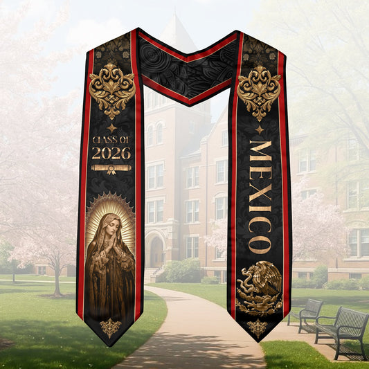 Mexico Graduation Stole 2026 Virgin Mary Gold Eagle Black Luxury Heritage Sash
