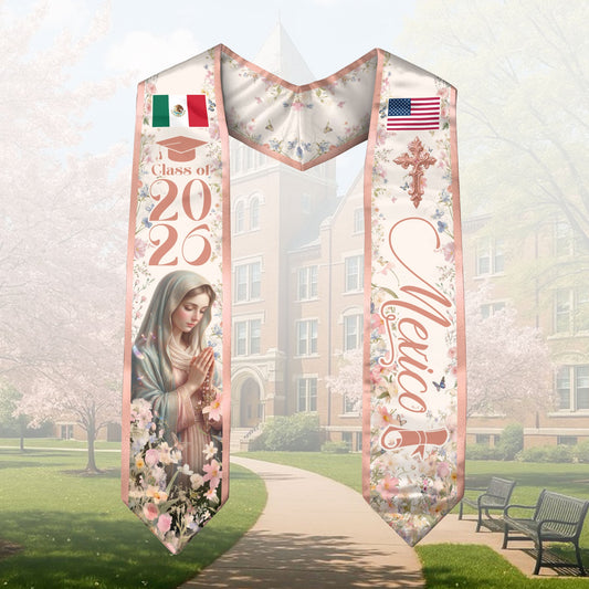 Mexican American Graduation Stole 2026 Virgin Mary Mexico USA Flag Floral Sash
