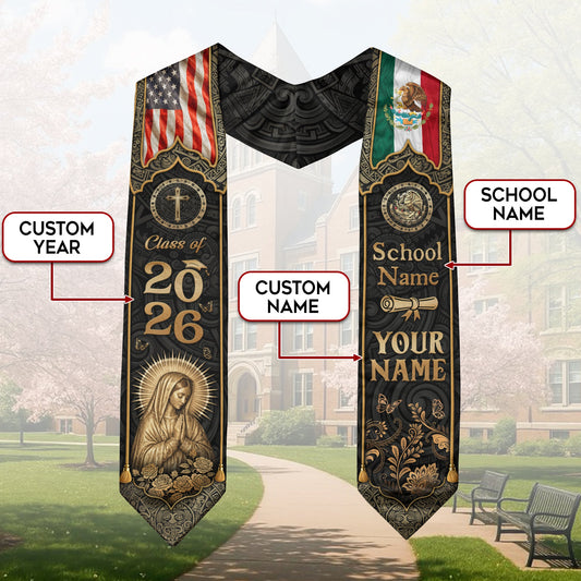 Mexico Graduation Stole Custom Name Class of 2026 USA Flag Virgin Mary Heritage Sash