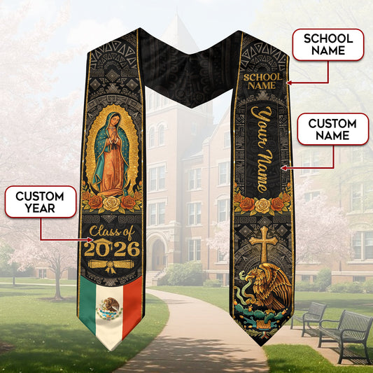 Personalized Mexican Graduation Stole 2026 - Our Lady of Guadalupe Aztec Heritage Sash