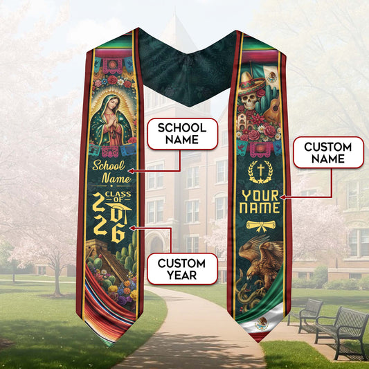 Custom Mexico Graduation Stole 2026 - Sugar Skull, Guitar & Guadalupe Heritage Sash
