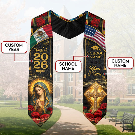 Custom Mexico Graduation Stole Class of 2026 Virgin Mary Cross Mexican Flag Sash