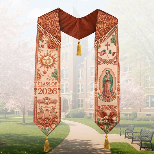 Mexico Graduation Stole Class of 2026 Sun Moon Chichen Itza Guadalupe Tassel Sash