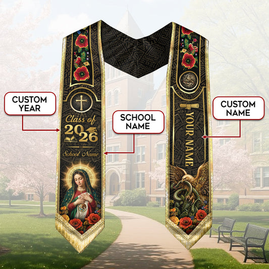 Custom Mexican Graduation Stole 2026 Catholic Virgin Mary Gold Luxury Name School Sash