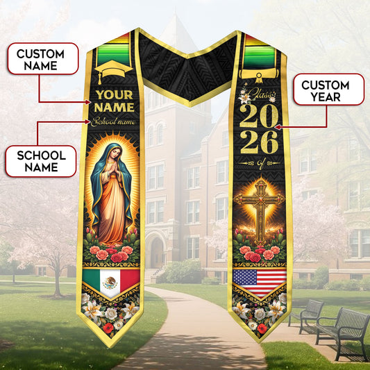 Custom Mexico USA Flag Graduation Stole 2026 Virgin Mary Cross Heritage Sash