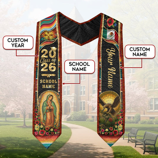 Mexico Graduation Stole 2026 Virgin Mary Eagle Serape Personalized Heritage Mosaic Sash