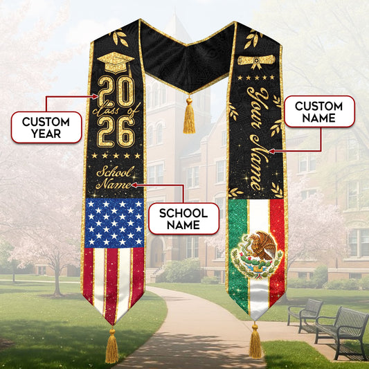 Personalized Mexico USA Golden Tassels Edition Class of 2026 Graduation Stole