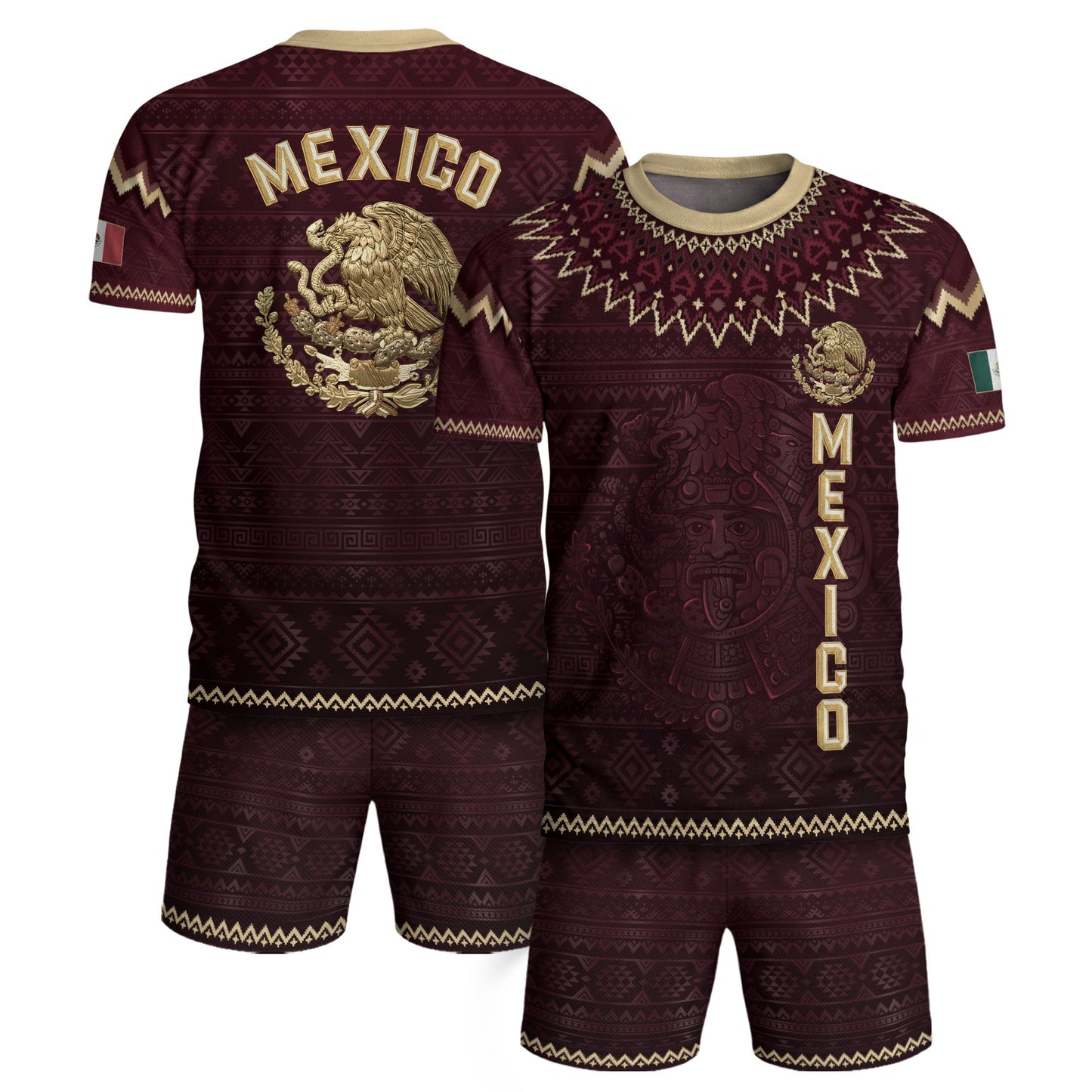 Mexico Heritage Soccer Jersey, Maroon Burgundy Gold Aztec Eagle Design Sports Jersey for Men