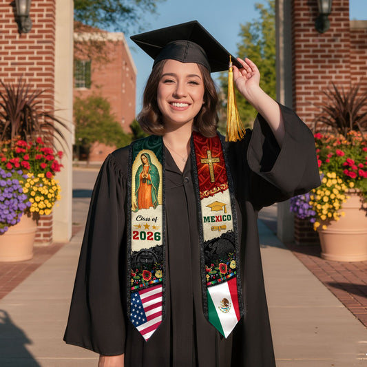 Mexican Graduation Stole Mexico USA Flag Aztec Virgin Mary Cross Eagle 2026