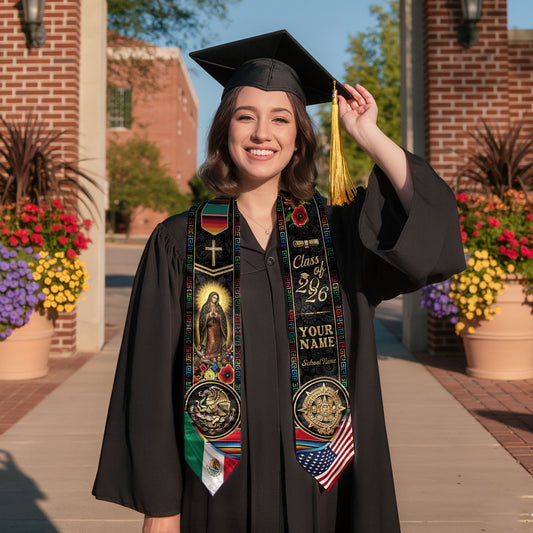 Custom Mexico USA Graduation Stole 2026 Virgin of Guadalupe Aztec Calendar Heritage Sash